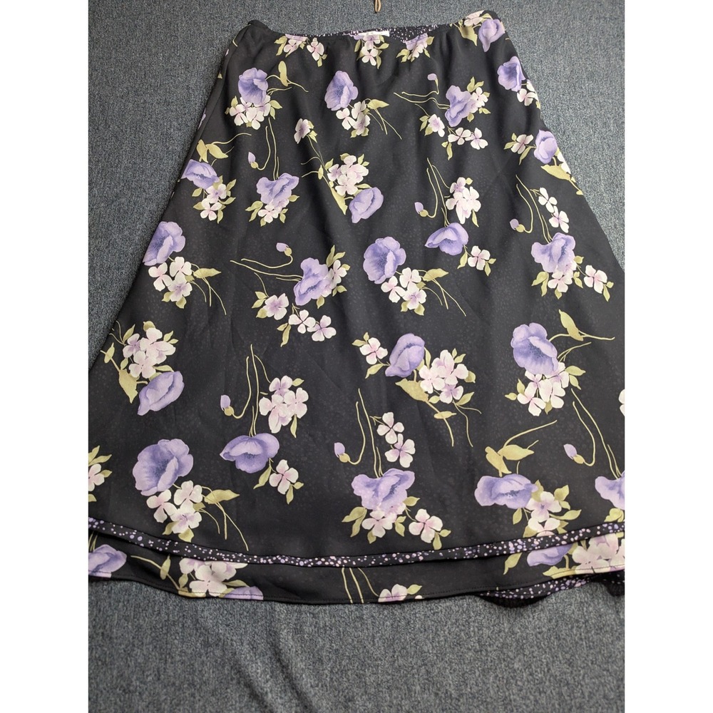 I.N. Studio San Francisco Floral Midi Skirt XL Purple Black Polka Dot Layered